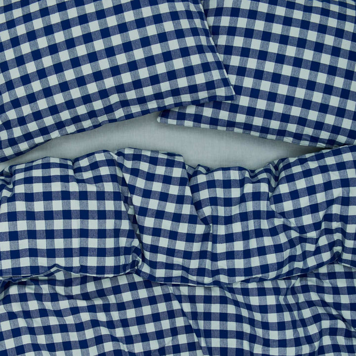 Essential Gingham Duvet - Sky/Blue on bed with matching pillow cases