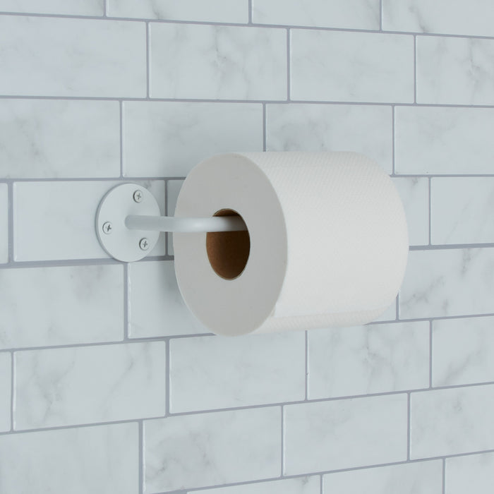 Essential toilet paper holder in white on tile background.