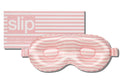 A white and pink stripe slip silk contour sleep mask designed to protect delicate eyelash extensions, with the branded packaging on white background.