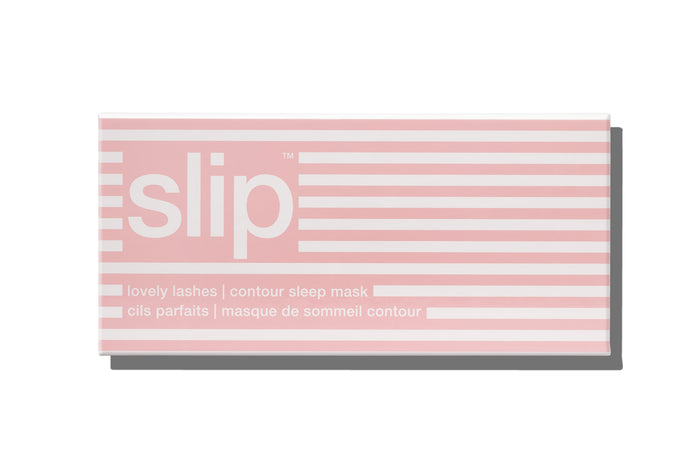 A white and pink stripe slip silk contour sleep mask packaging box, on white background. Designed to protect delicate eyelash extensions.