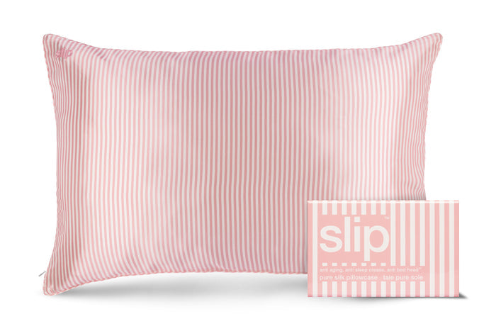 A white and pink stripe slip silk queen pillowcase with branded packaging on a white background.