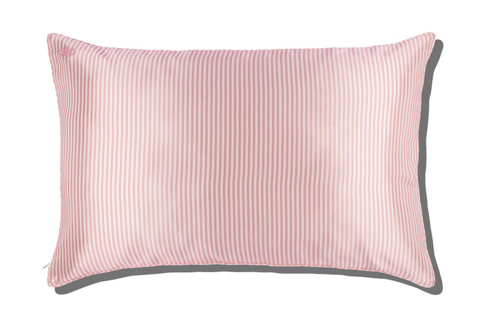 A white and pink stripe slip silk queen pillowcase on a white background.