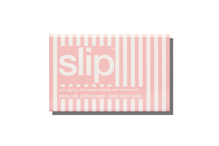 A white and pink stripe slip silk queen pillowcase branded packaging on a white background.