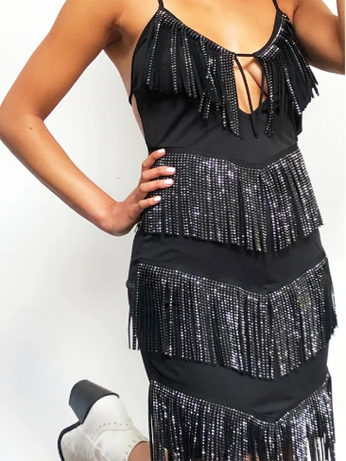 Fashion Black Layered Tassel Evening Dress