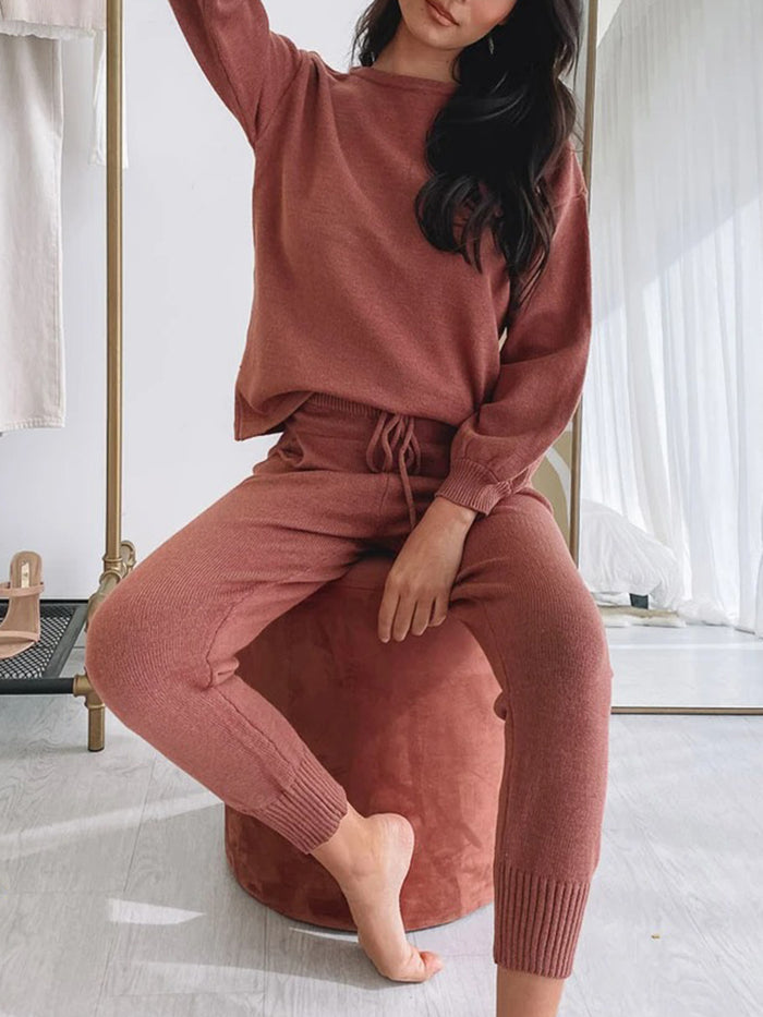 Fashion Casual Round Neck Solid Color Two-piece Suit