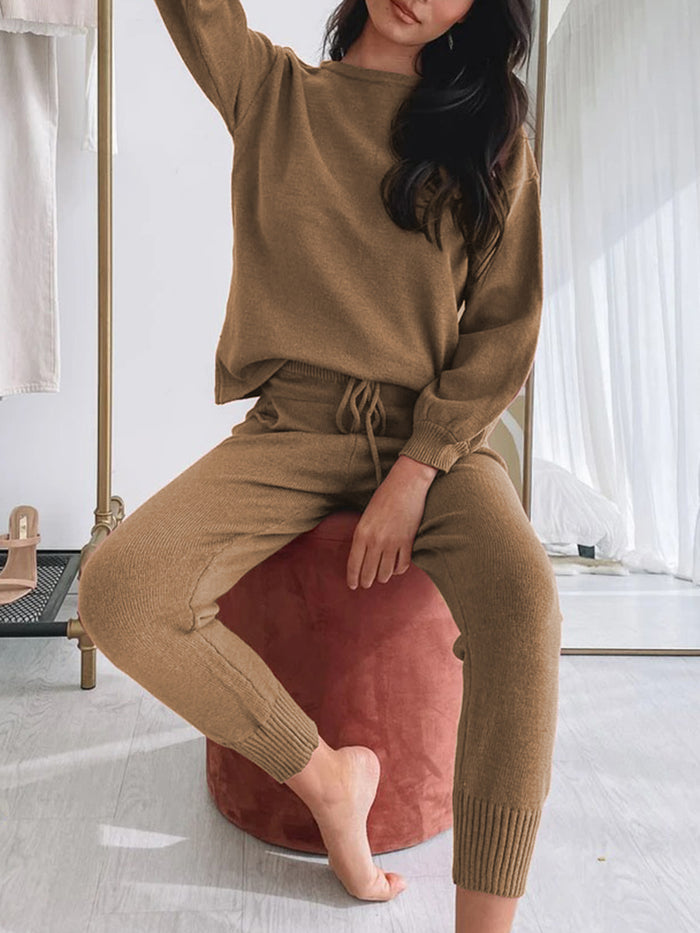 Fashion Casual Round Neck Solid Color Two-piece Suit