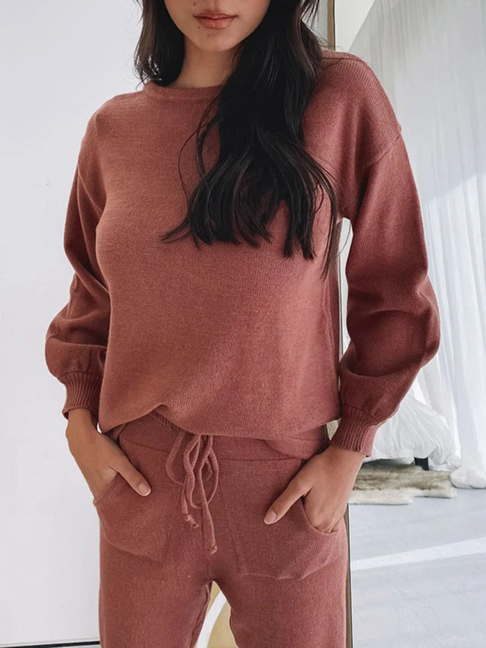 Fashion Casual Round Neck Solid Color Two-piece Suit