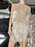 Fashion One-shoulder Shiny Tassel Evening Dress
