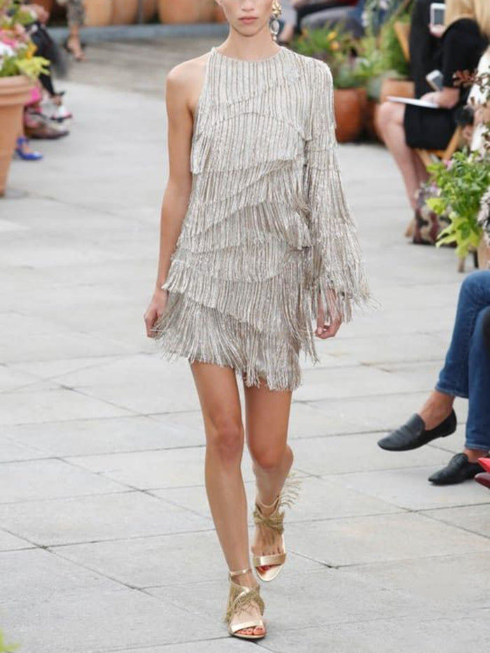 Fashion One-shoulder Shiny Tassel Evening Dress