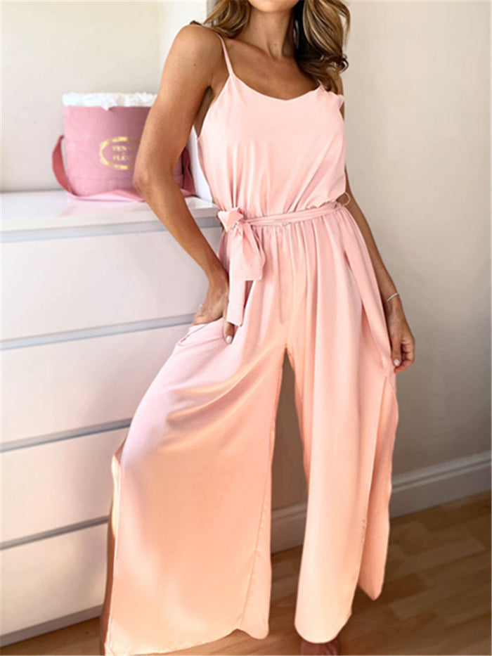Fashion Solid Color Waist Tie High Fork Pants Jumpsuit for Women