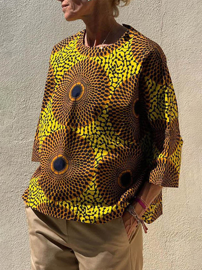 Fashionable Casual Bohemian Printed 3/4 Sleeve T-shirt