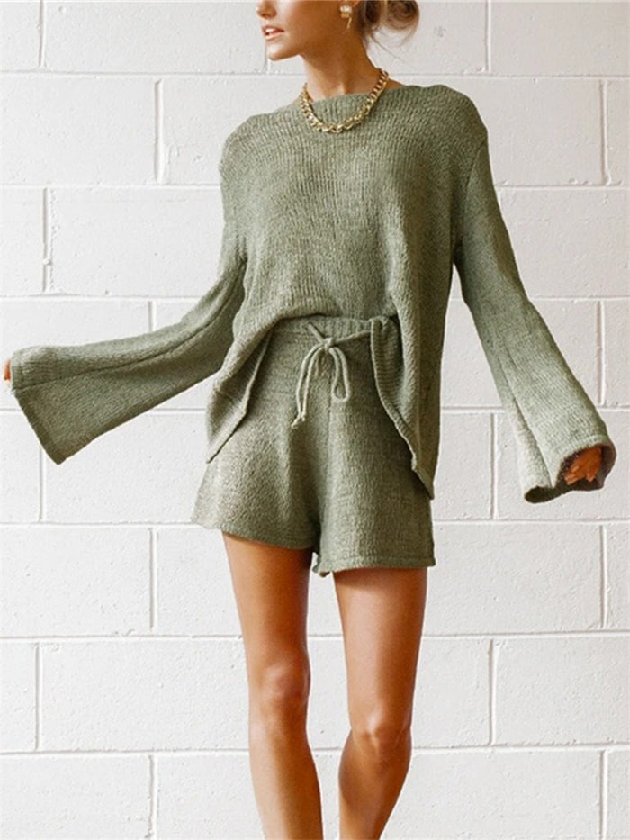 Fashionable Simple Casual Loose Long Sleeve Shorts Knitted Suit