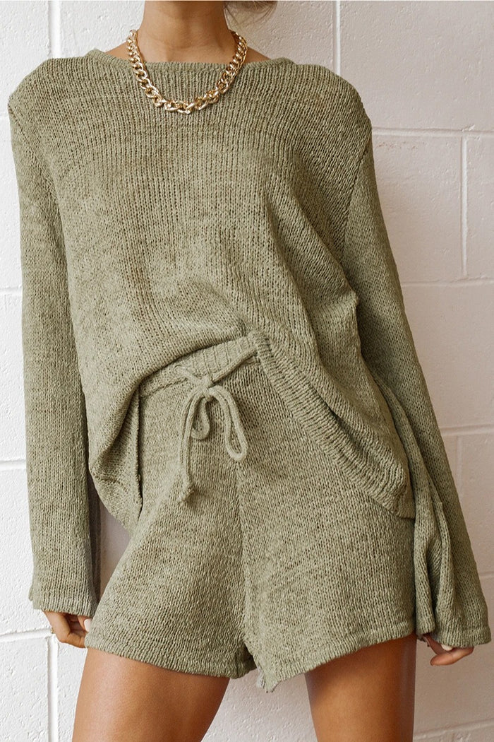 Fashionable Simple Casual Loose Long Sleeve Shorts Knitted Suit