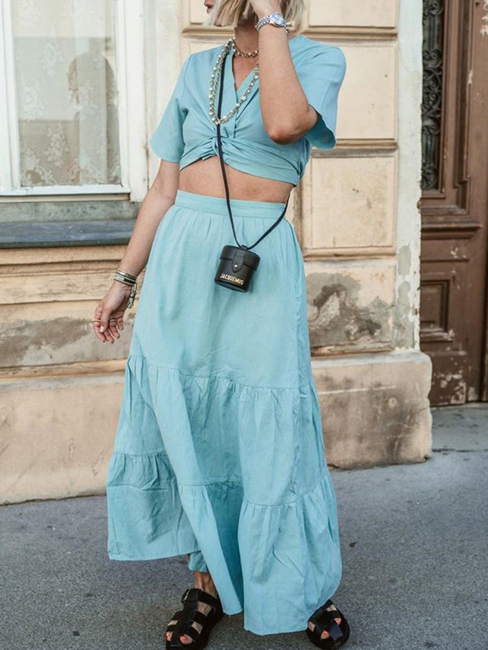 Fashionable Solid Color Short Sleeve V-neck Two-piece Suit