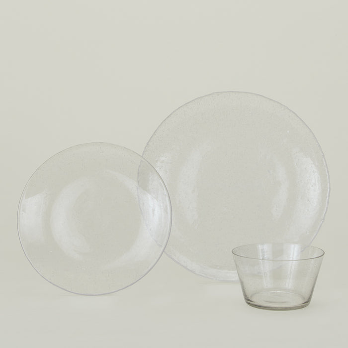 Group of Clear glass dinner plate, dinner plate and bowl.