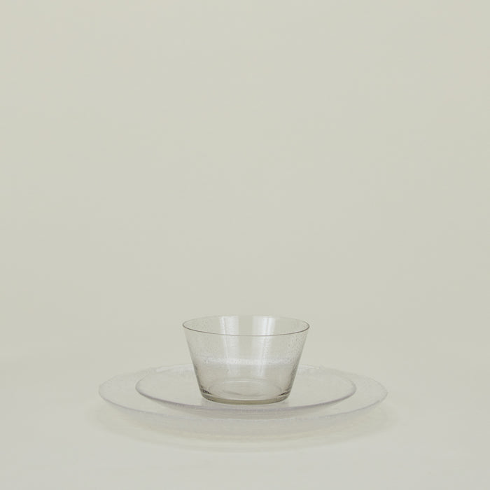 Group of Clear glass dinner plate, salad plate and bowl.