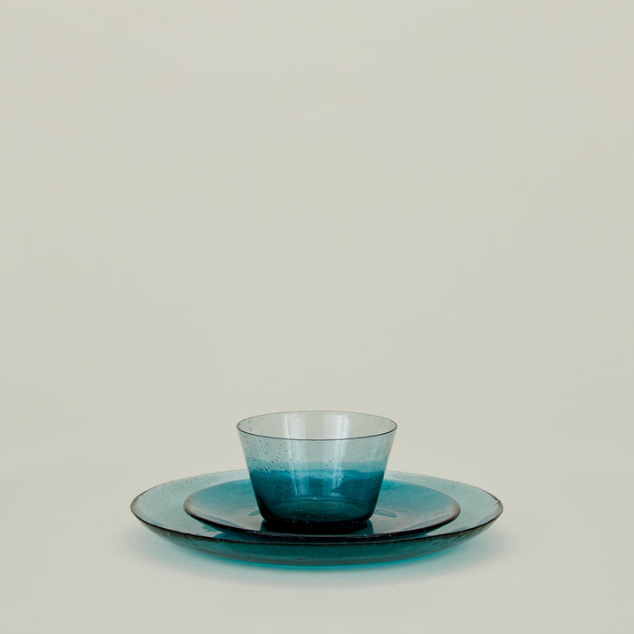 Group of Peacock glass dinner plate, salad plate and bowl.