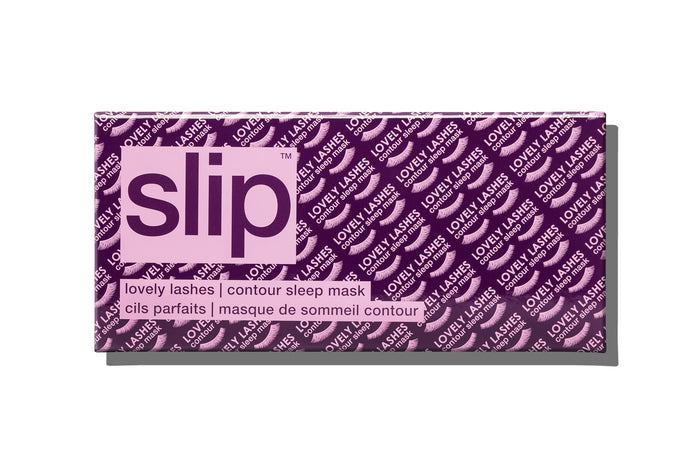 A purple slip silk contour sleep mask packaging box on white background. Designed to protect delicate eyelash extensions.