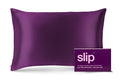 A dark purple slip silk queen pillowcase with branded packaging on a white background.