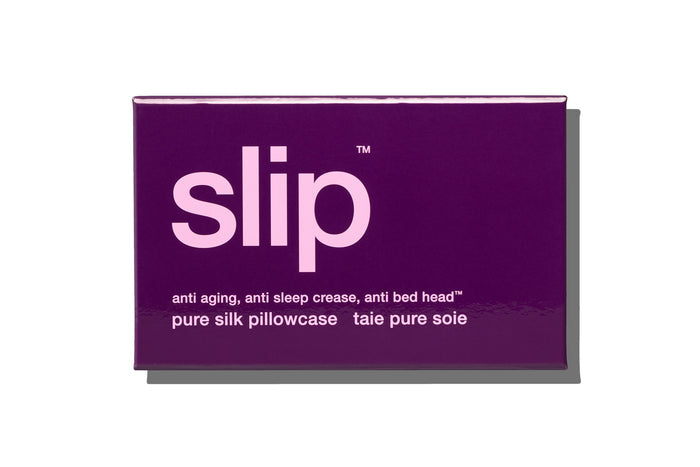 A dark purple slip silk queen pillowcase branded packaging on a white background.