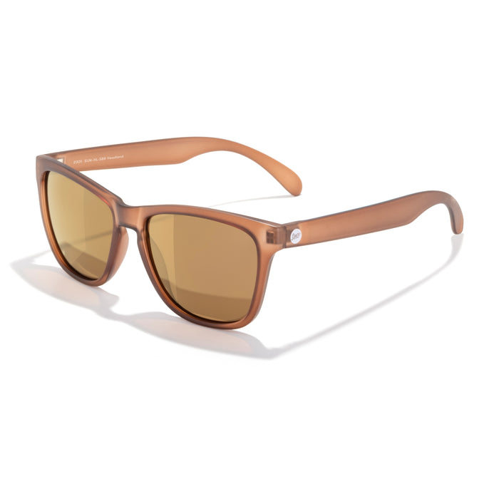 Brown sunglasses with a reflective lens on a white background
