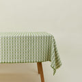 Dove and Donkey hopsack tablecloth in leaf on table