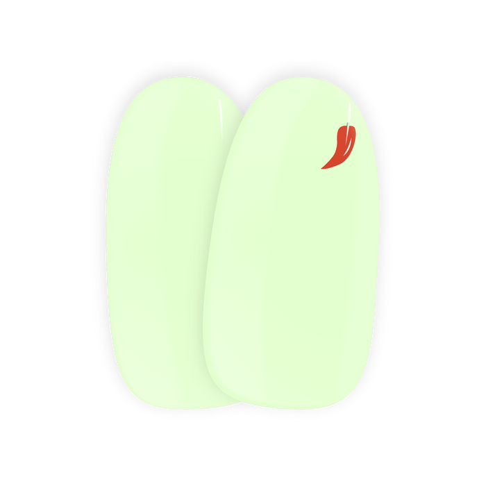 Hot & Spicy nail art stickers by Maniac Nails, pastel green gel nail stickers with red chili pepper detail
