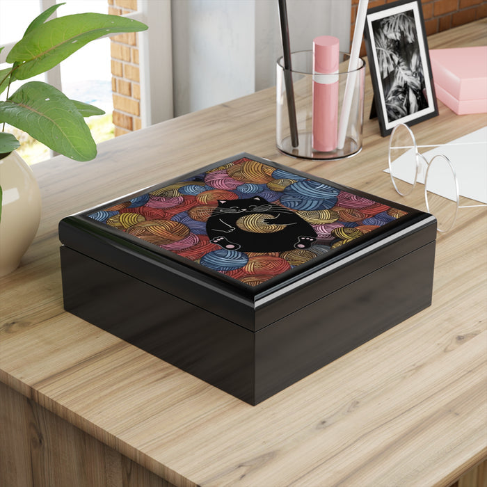 Jewelry Box Cute Cat Playing with Yarn Black