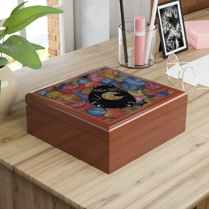 Jewelry Box Cute Cat Playing with Yarn Golden Oak