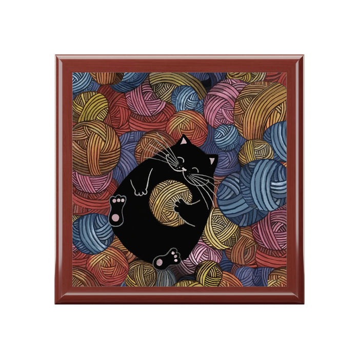 Jewelry Box Cute Cat Playing with Yarn Front Golden Oak