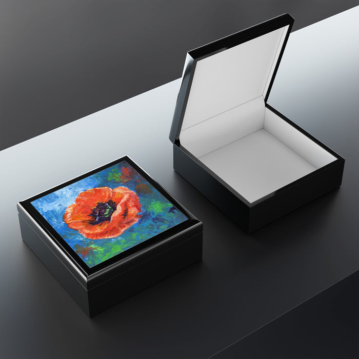Keepsake/Jewelry Box - Poppy Flower Ceramic Tile Lid open lid
