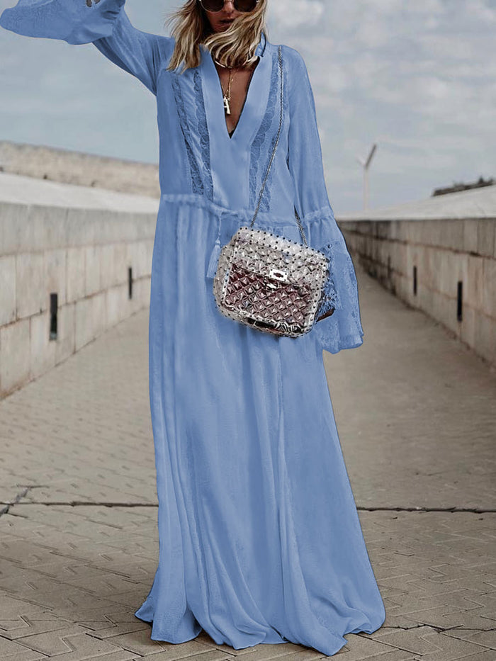 Lace Stitching V-Neck Solid Color Long-Sleeved Dress
