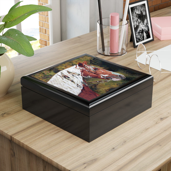 Lacquered Jewelry Keepsake Box with Horse Head Black Box