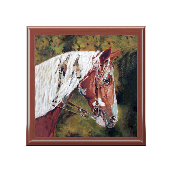 Lacquered Jewelry Keepsake Box with Horse Head Golden Oak box