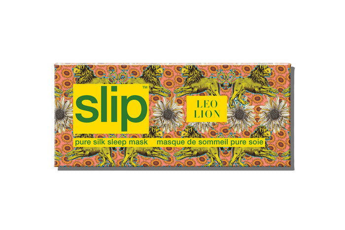 A colorful slip silk sleep mask packaging box with a zodiac Leo design, featuring yellow and gold tones.