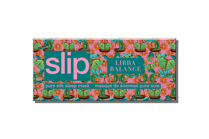 A floral patterned with scale graphic slip silk sleep mask packaging box for the Libra star sign.