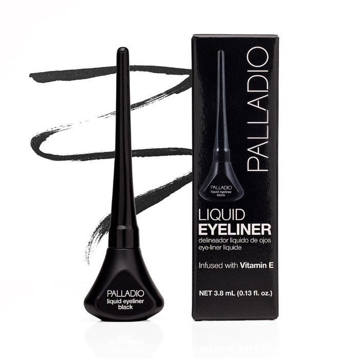ELLS260 Black component with box: Palladio Liquid Eyeliner in Black shown with its packaging and black eyeliner swatches.