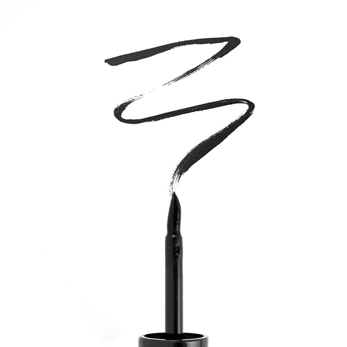 ELLS260 Black tip close-up: Palladio Liquid Eyeliner in Black with the precision applicator tip and black eyeliner swatches.