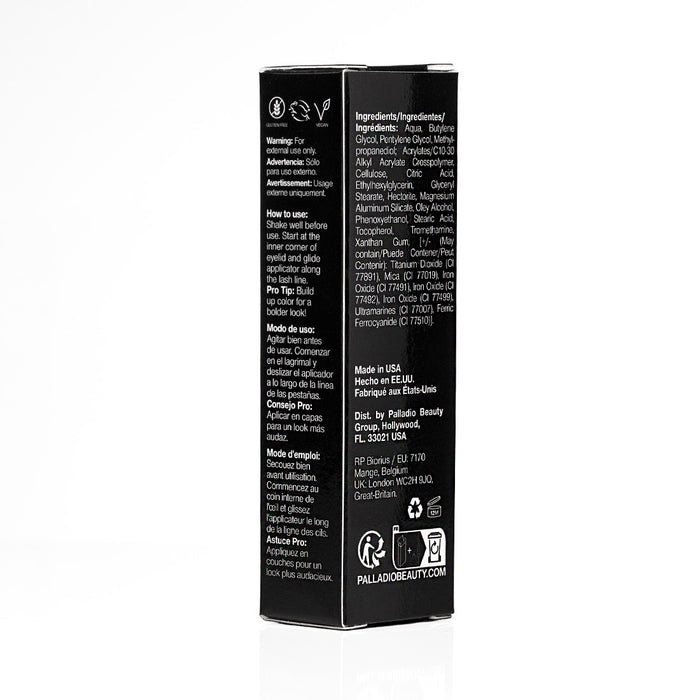 ELLS260 Black box back left: Palladio Liquid Eyeliner in Black packaging shown from the back-left side.