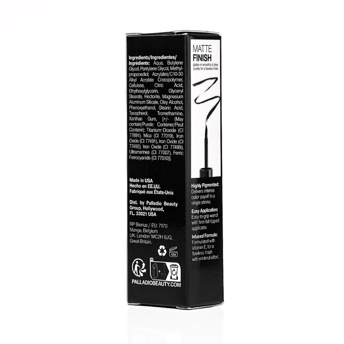 ELLS260 Black box back right: Palladio Liquid Eyeliner in Black packaging shown from the back-right side.