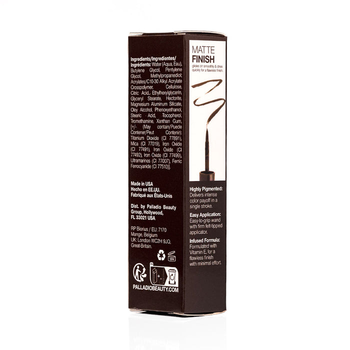 ELLS261 Black Brown box back right: Palladio Liquid Eyeliner in Black Brown packaging shown from the back-right side.