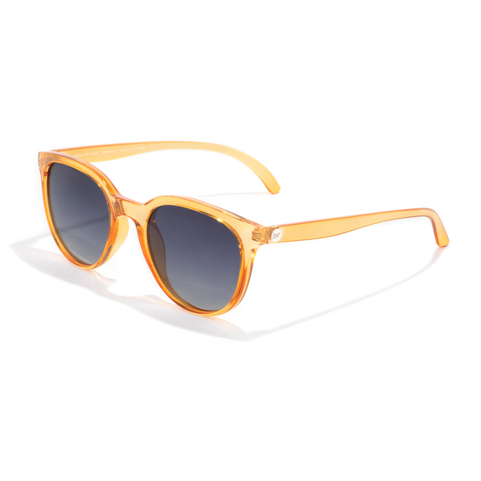 Orange sunglasses with dark lenses on a white background