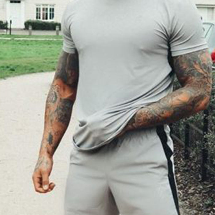 Men'S Casual Grey Round Neck T-Shirt Shorts Suit