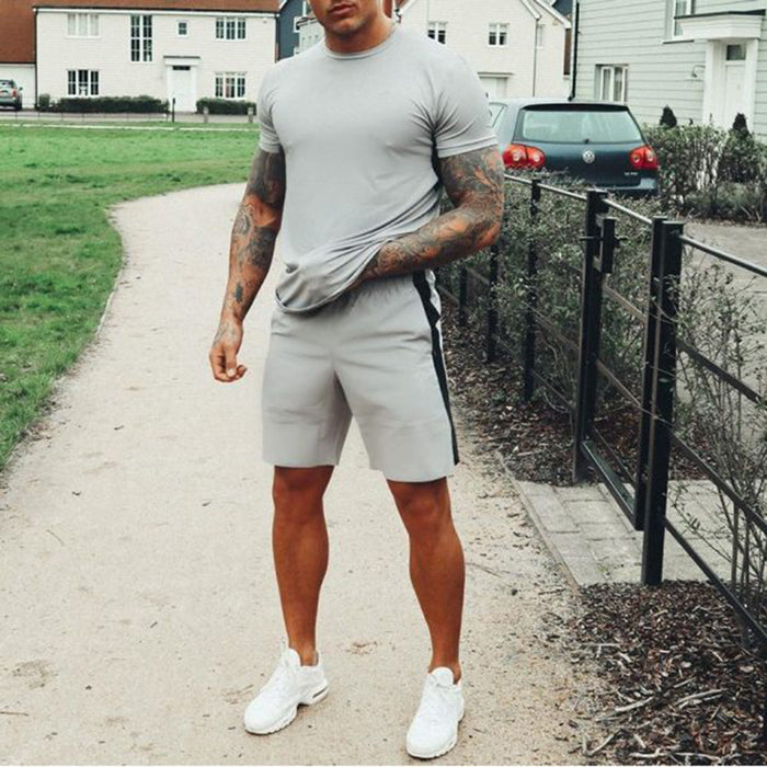 Men'S Casual Grey Round Neck T-Shirt Shorts Suit