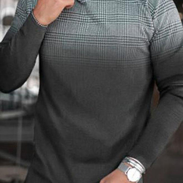 Men'S Casual Plaid Print Gradient Long-Sleeved T-Shirt