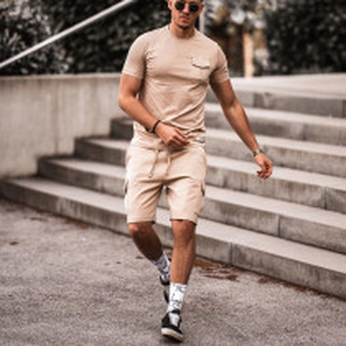 Men'S Casual Pocket Round Neck T-Shirt Shorts Suit