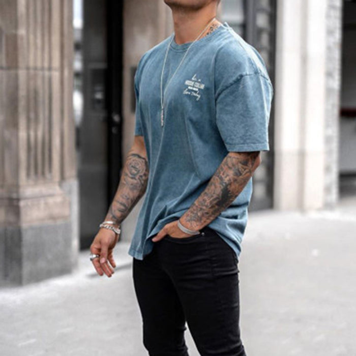Men's retro round neck print short sleeve T-shirt