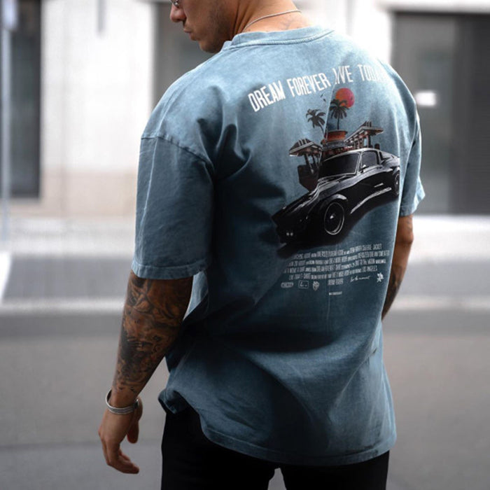 Men's retro round neck print short sleeve T-shirt