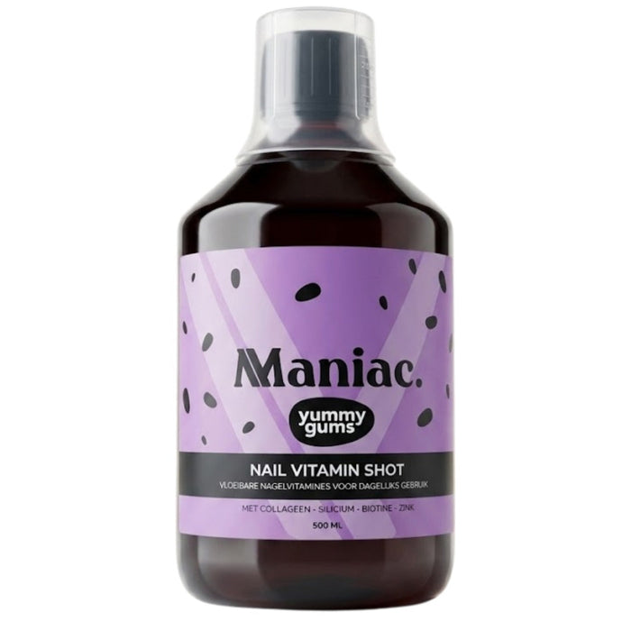 Maniac Nails Nail Vitamin Shot, 500 ml bottle of liquid nail vitamins. Beauty support from within with collagen, silicon, biotin and zinc, plus vitamin C.