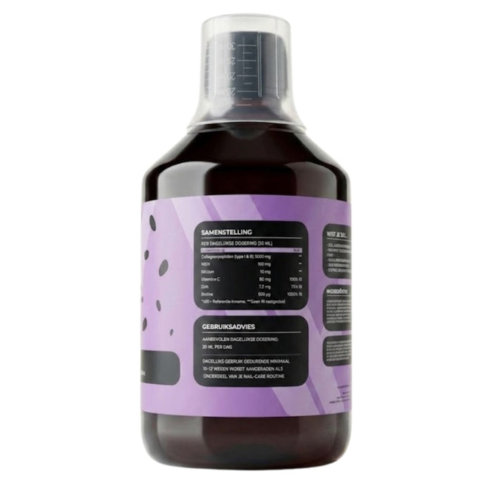 Side label of the Maniac Nails Nail Vitamin Shot showing the composition per 20 ml daily dose: collagen peptides, MSM, silicon, vitamin C, zinc and biotin, plus usage advice for a 10 to 12 week beauty routine.